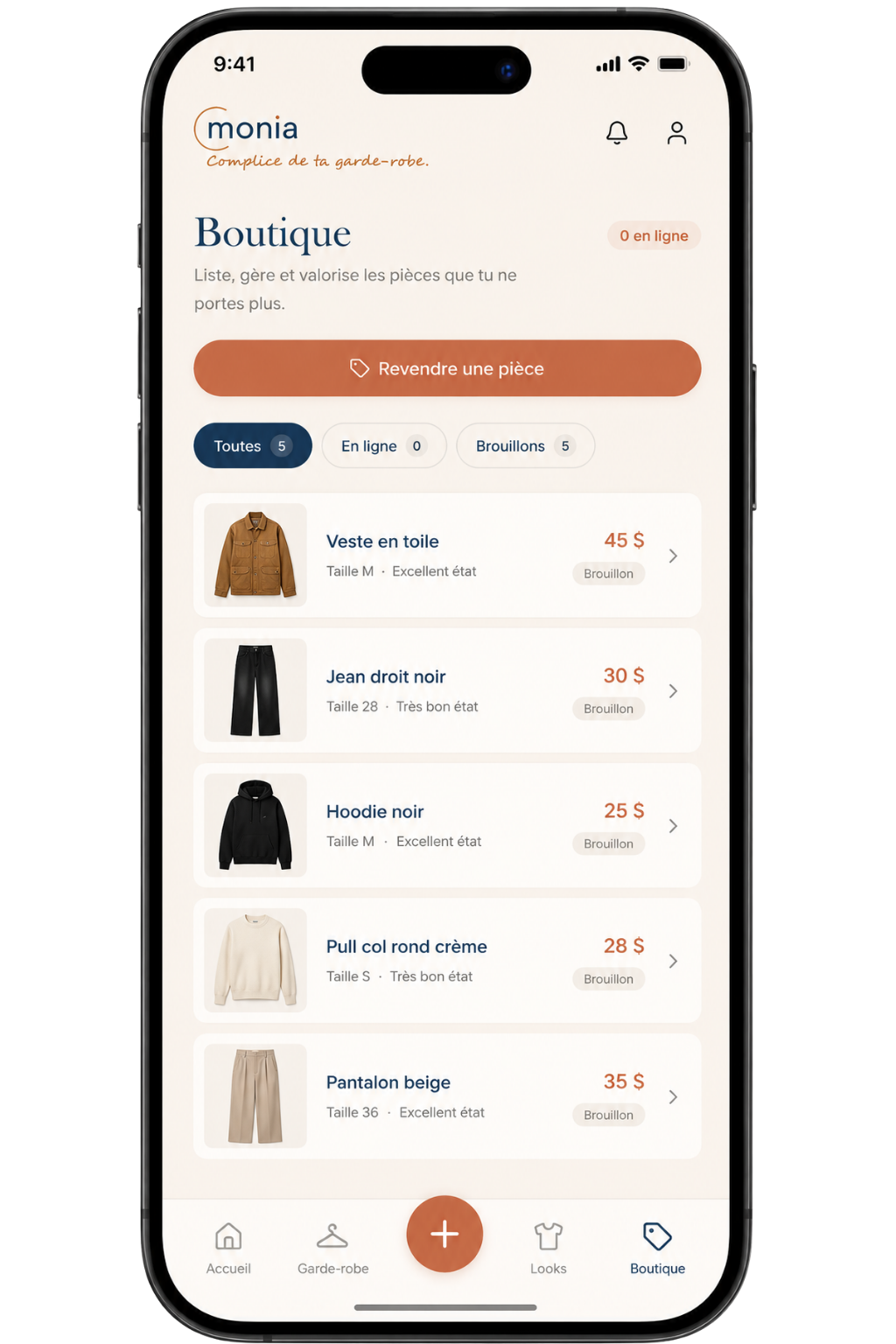 Resell screen — items for sale with prices and earnings